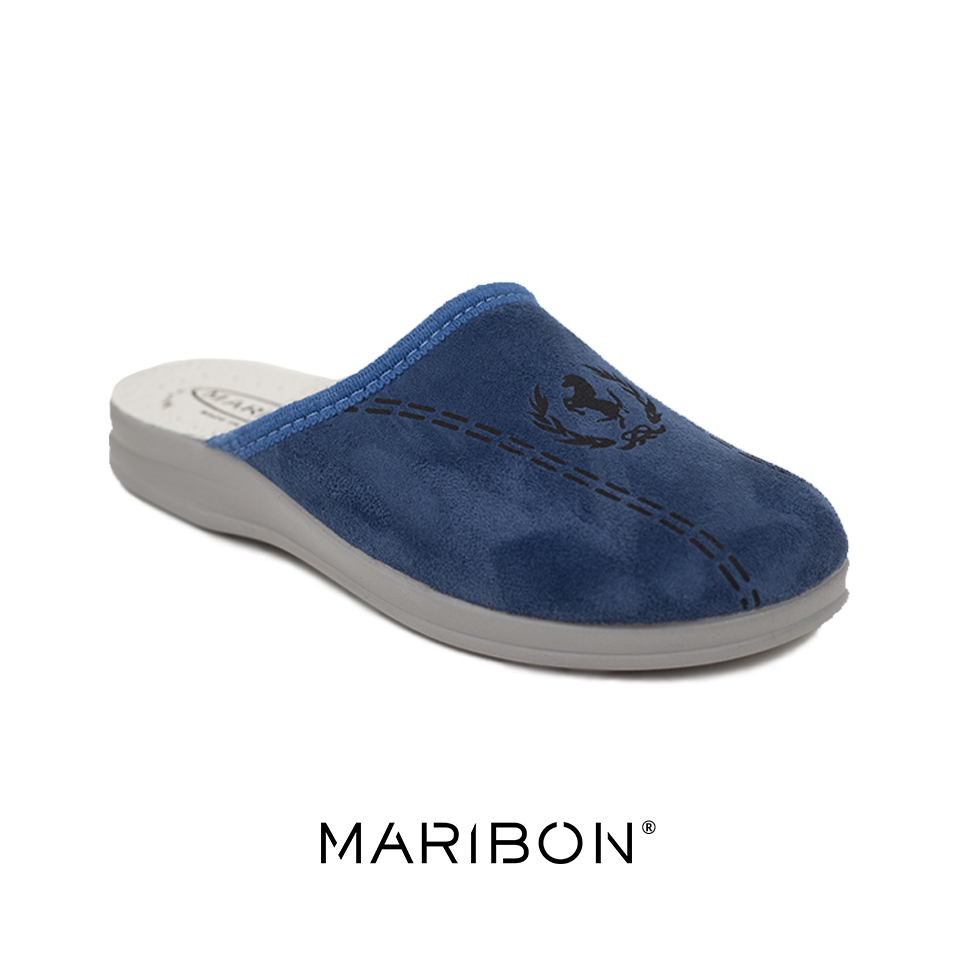 Papuci de Casa MARIBON pentru Barbati cu Interior din Piele si Talpa Ultra SOFT OneHorse Albastru (1)