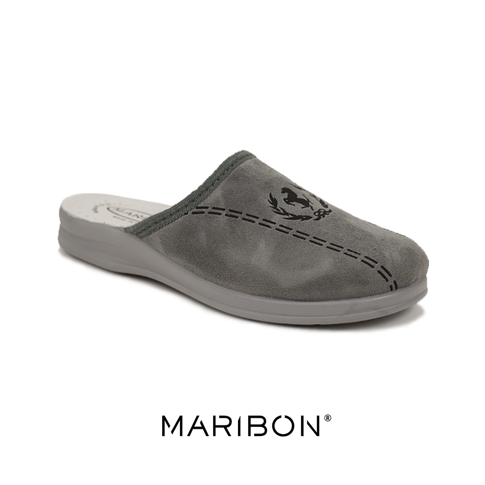Papuci de Casa MARIBON pentru Barbati cu Interior din Piele si Talpa Ultra SOFT OneHorse Gri (1)