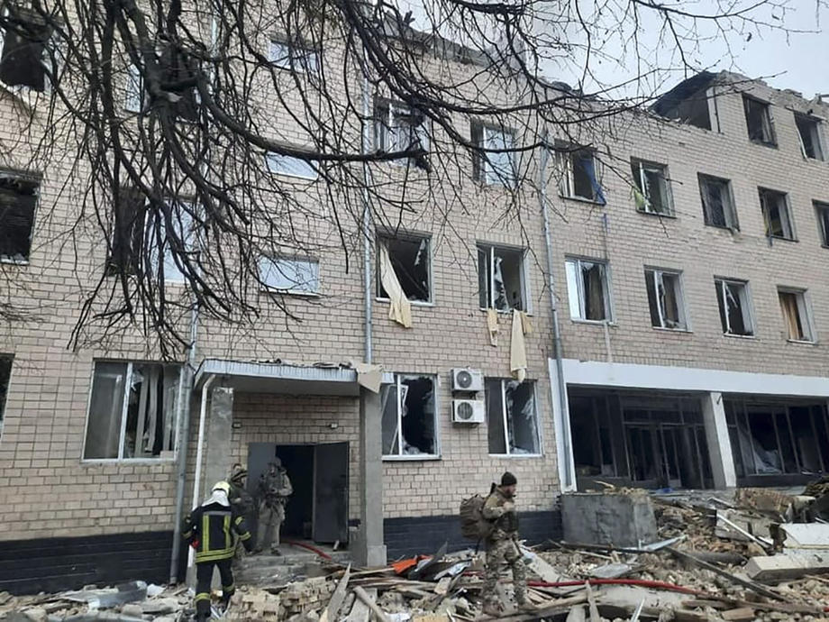 Aftermath of explosion in Kiev as Russian troops enter Ukraine